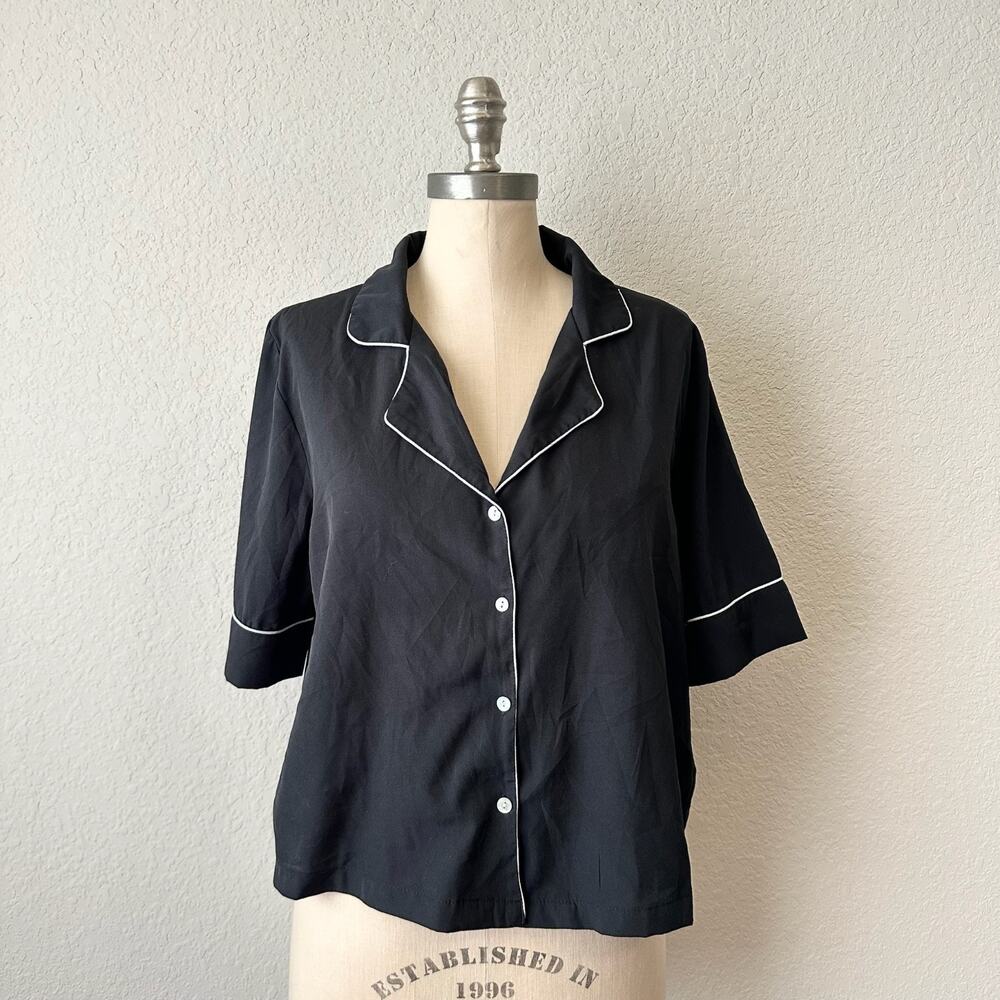 JASON WU Pajama Top Black Boxy Short Sleeve Lounge Cropped Shirt